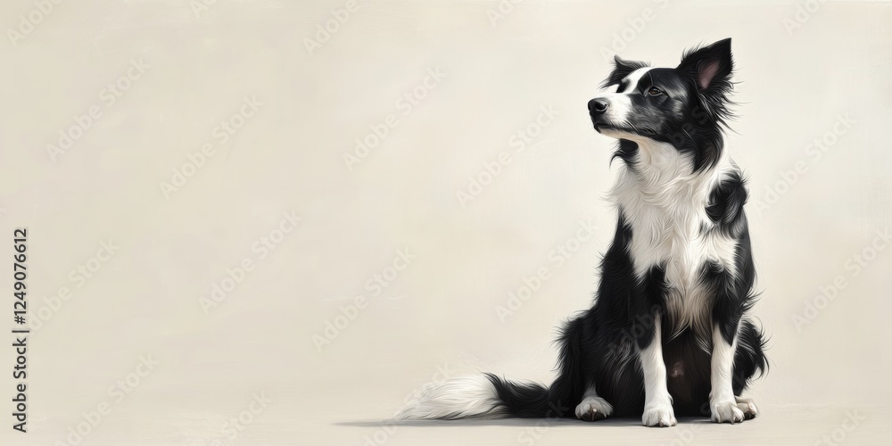 Poster seated border collie with tail wrapped in a calm position