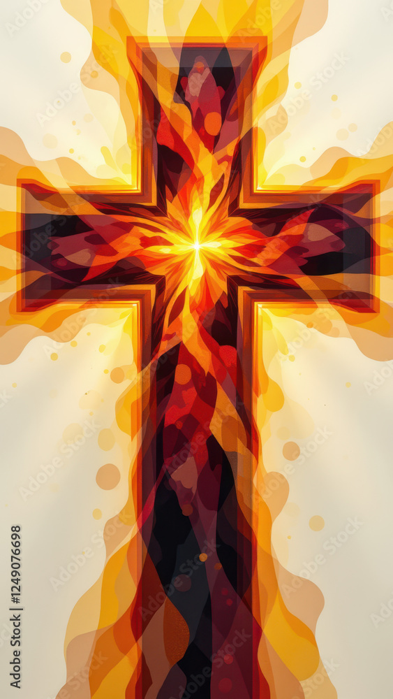 Poster a dynamic graphic design featuring a burning christian cross with fiery rays emanating from its cent