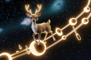 Naklejka premium A cute cartoon deer stands on a glowing celestial pathway amidst the stars.