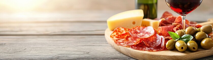 A wooden board holds a selection of cheese, cured meats, olives, and red wine, creating an inviting and delicious spread.