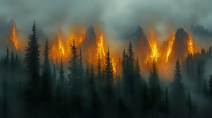 Fototapeta premium Forest Fire Burning Mountain Landscape