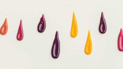 Fototapeta premium Colorful Paint Drops Artfully Arranged on White Background