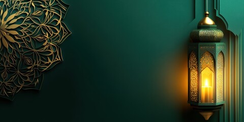 Elegant Ramadan Lantern with Golden Mandala Design on Emerald Green Background: Festive Islamic Decor