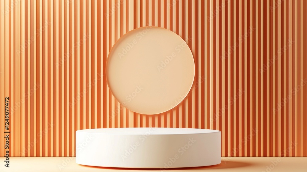 Poster an elegant setup featuring a vibrant orange cylinder podium alongside a sleek white pedestal framed 