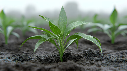 The image shows a close-up of a young plant with dew drops on its leaves.