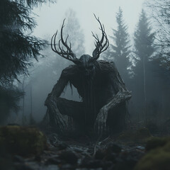 The Wendigo in a forest. A spooky mythological folklore creature. 