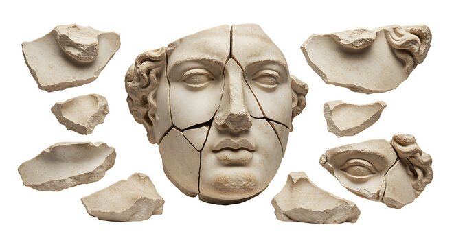 Broken pieces of ancient Greek statue face isolated. Antique sculpture head broken fragments png.
