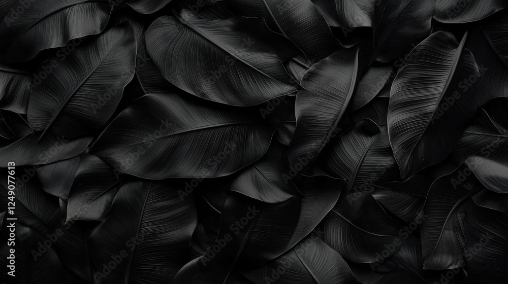 Poster dark textured background of black banana leaves for nature-inspired design and aesthetic projects wi