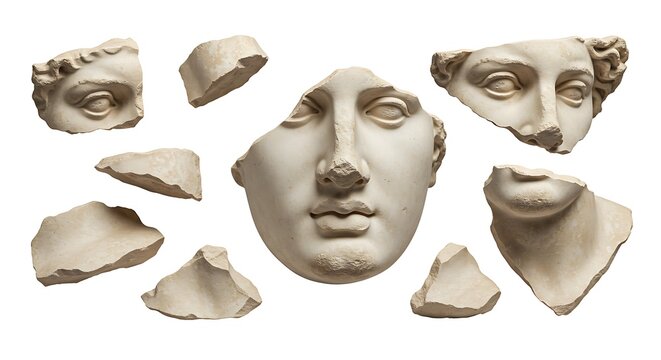 Broken pieces of ancient Greek statue face isolated. Antique sculpture head broken fragments png.
