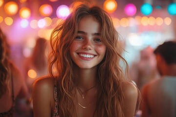 Fototapeta premium vibrant nightlife scene where a young girl radiating joy dances energetically beneath colorful disco lights surrounded by intrigued friends capturing youthful exuberance and dynamic energy