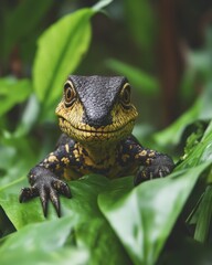 Obraz premium Close up of a small reptile, displaying a friendly expression, nestled amidst lush green foliage. Reptile's colors are black and yellow