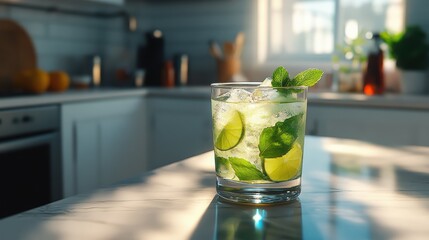 Refreshing Homemade Mint Mojito Kitchen Professional Photo Bright Environment Close-Up Realistic Appeal