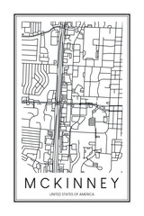 Printable downtown road map poster of the USA city of MCKINNEY on solid white background with city name