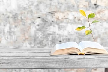 Open book with fresh green leaves sprouting from pages on rustic wooden table against textured wall, nature and knowledge concept