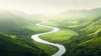 Fototapeta premium Breathtaking aerial view of a pristine river meandering through a vibrant green valley, surrounded by rolling hills and lush vegetation, creating a serene and picturesque natural scene
