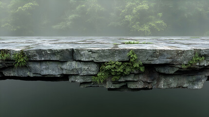 The image shows a rocky ledge overlooking a misty forest.