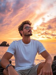 Young man enjoying sunset by the ocean, wearing sunglasses and casual attire, relaxed pose, vibrant colors in the sky, serene atmosphere, summer vibes concept