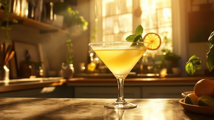 Mixing Homemade Cocktails Professional Margarita Glass in a Cozy Kitchen Photography Warm Light Relaxed Atmosphere