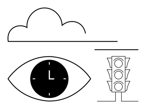 Eye with clock face, traffic light, and cloud suggest time management, observation, decision-making. Ideal for productivity, mindfulness, order, time control clarity awareness abstract line flat