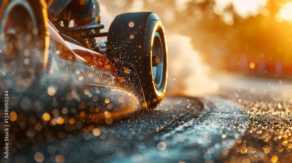 Poster A racing kart powers through a wet track at sunset, sending splashes of water into the air while surrounded by golden light and creating a stunning visual effect.