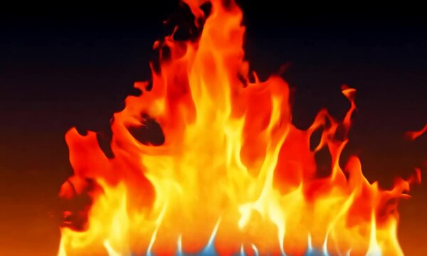 A fiery, animated flame dances and flickers against a dark background. The flames are vibrant and dynamic, with shades of orange, yellow, and red.