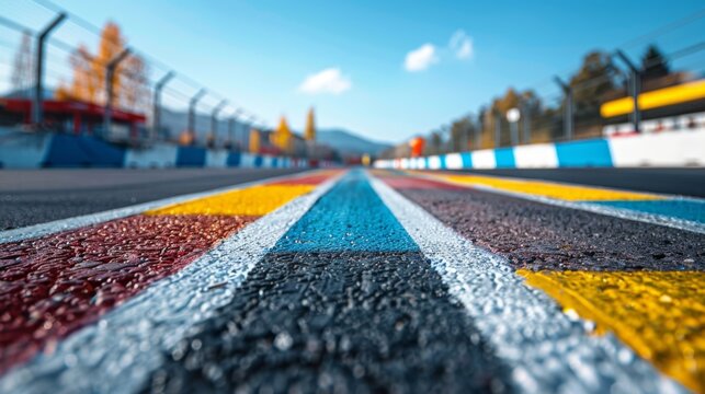 Vibrant colored lines mark the racing track, reflecting clear blue skies and autumn colors in the background, creating an inviting atmosphere for motorsport events.