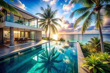 Fototapeta premium Luxurious Beachfront Villa Double Exposure: Oceanfront Paradise Escape