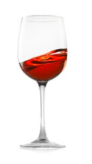 Rose wine splashing in glass on white background