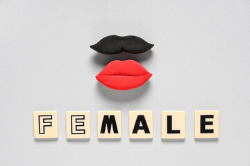 Male mustache and female lips made of plasticine with word on grey background