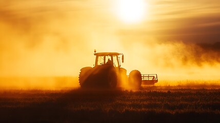 Fototapeta premium Silhouette of a tractor working in a field at sunrise