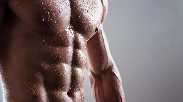 Muscular torso glistening under droplets of water in a dramatic setting during a photoshoot