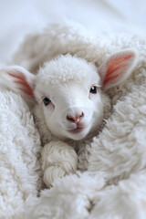 A cute white lamb wrapped in white wool blankets,  peeking out from it. Cute and funny animal cover