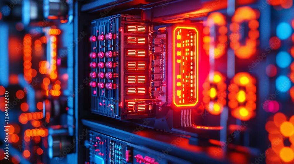 Poster futuristic server rack, glowing components, illuminated interior. possible use stock photo
