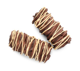 Delicious chocolate puffed rice bars isolated on white, top view