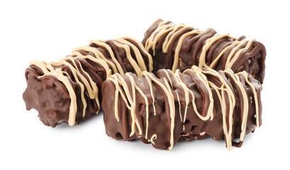 Delicious chocolate puffed rice bars isolated on white