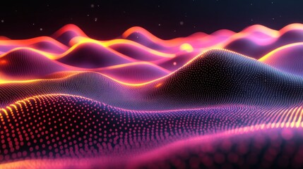 Abstract glowing pink and orange wave particles.