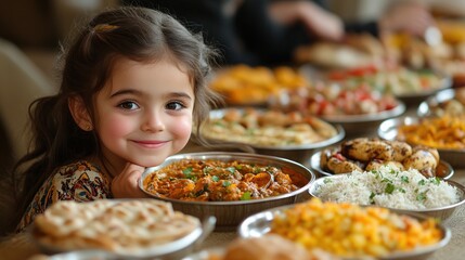Happy toddler girl at a table filled with Indian food.