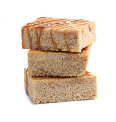 Delicious caramel puffed rice bars isolated on white