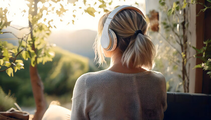 An young woman in a calm, peaceful setting with headphones on, using mindfulness techniques to focus, showing strategies for managing ADHD symptoms