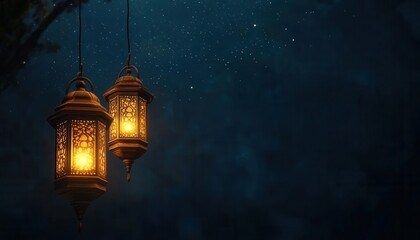 Ornate Golden Lanterns Hanging Against a Starry Night Sky