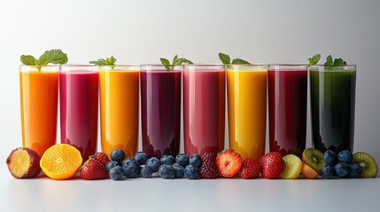 Colorful fruit juices in glasses; fresh fruit; studio shot; healthy drink