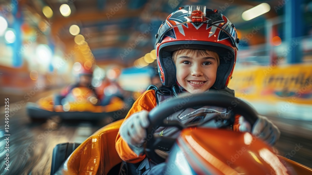 Poster a young boy with a cheerful smile competes in a go kart race at an indoor track, surrounded by color