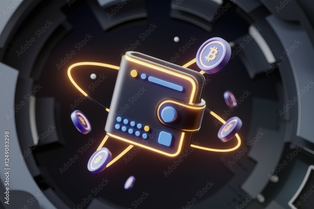 Poster a digital wallet glowing with orbiting bitcoin, symbolizing cryptocurrency storage and transactions.