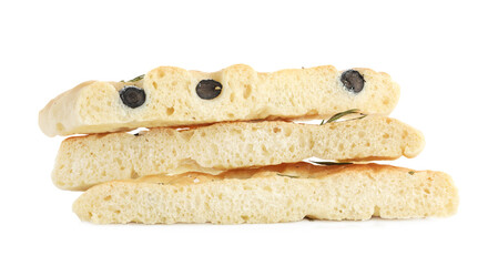 Slices of delicious focaccia bread with olives and rosemary isolated on white