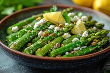 vibrant plate of asparagus and feta salad garnished with pistachios and a hint of lemon showcasing a fresh and appetizing culinary presentation that embodies healthy eating