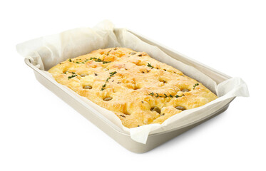 Delicious focaccia bread with olives and thyme in baking dish isolated on white