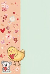 Cute chick and koala holding hearts on a pastel background for Valentine's Day message