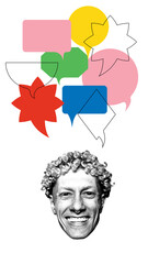 Smiling man head floating below colorful abstract speech bubbles, symbolizing discussion, online engagement, creativity, diversity of digital communication. Concept of social media, digital networking