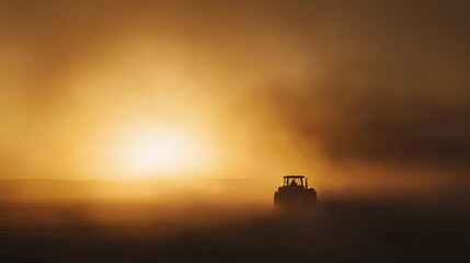 Tractor silhouetted against a golden sunrise in a foggy field