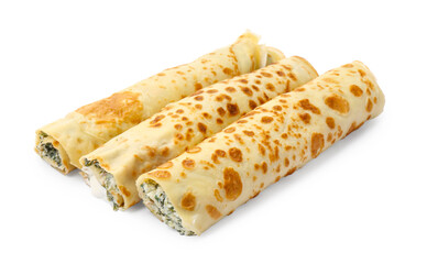Tasty rolled crepes with cottage cheese and spinach isolated on white